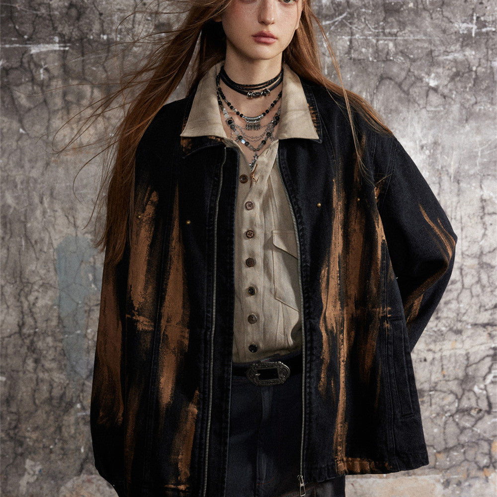 High Street Design Sense Niche Tie-dyed Loose Lapels Zipper Jacket