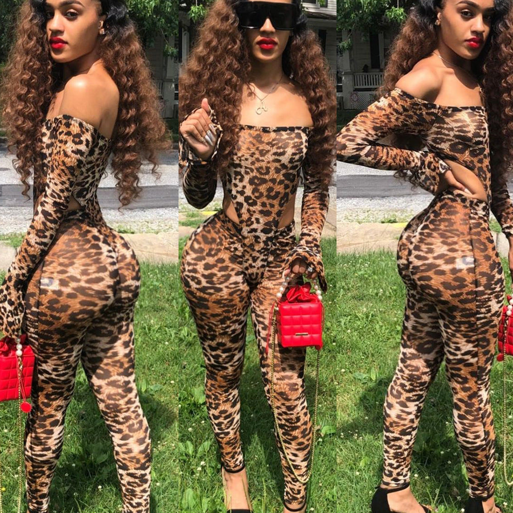 Fashion  Mesh Leopard Print Bodysuit Ladies Two Piece Set