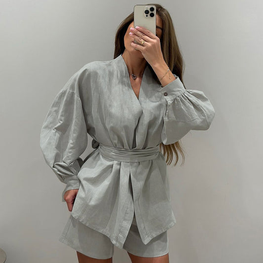 Womens Loose And Cozy Cotton Long-Sleeve Cardigan And Shorts Set