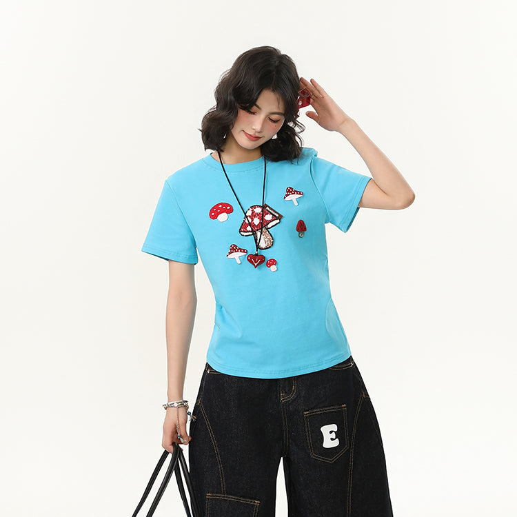 Women's Mushroom Embroidered Crew Neck Shoulder Short-sleeved T-shirt