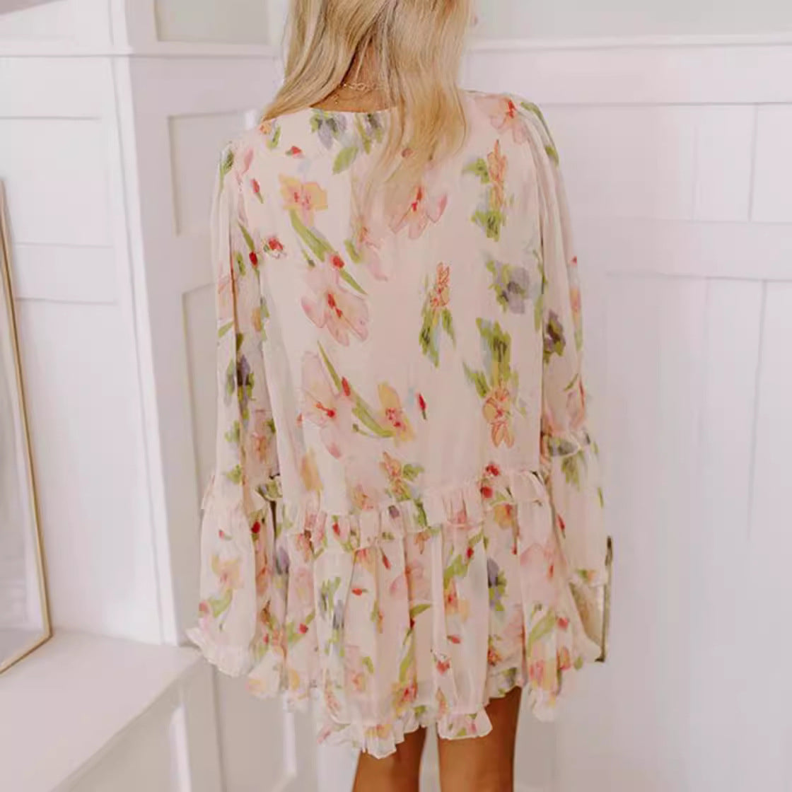 Womens Loose Mini Dress With Double-Layer V-Neck And Print