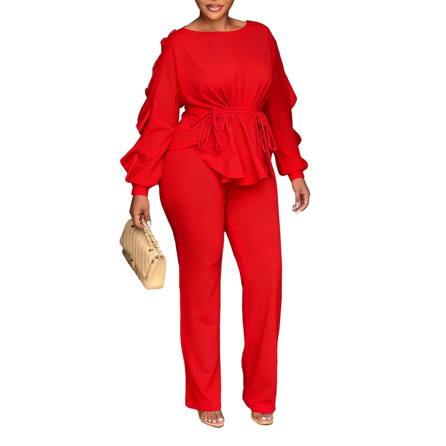 Ruffled Drawstring Long Sleeve Waist-controlled Top Pants