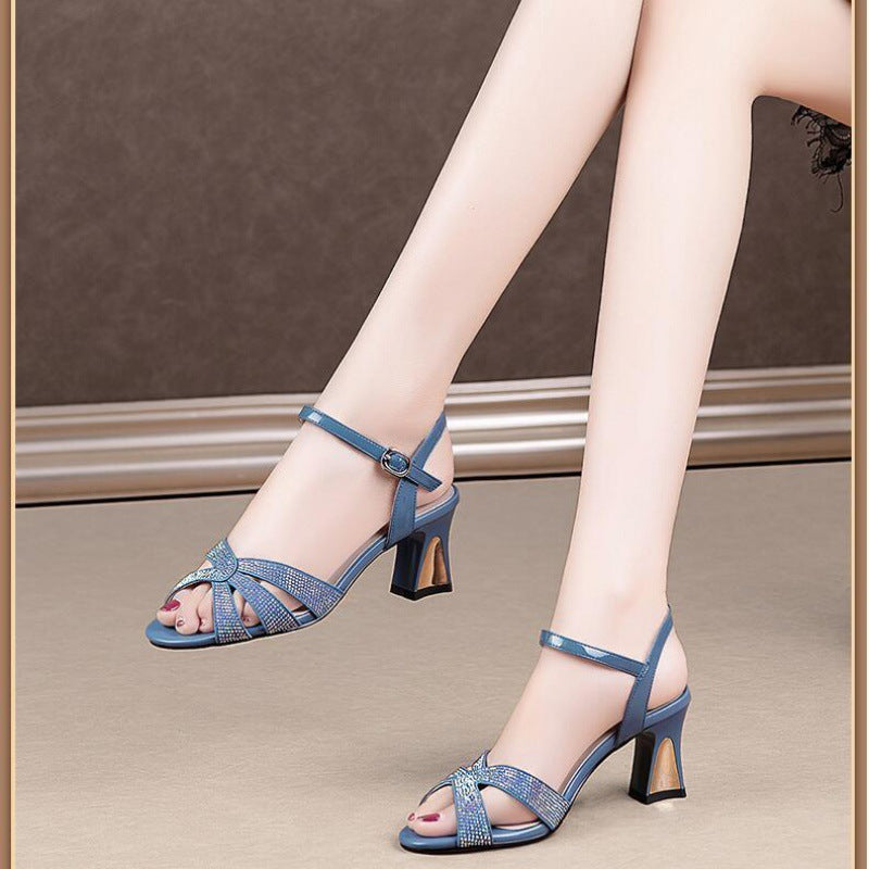 Woven Thin Strap Rhinestone Sandals Women's Chunky Heel