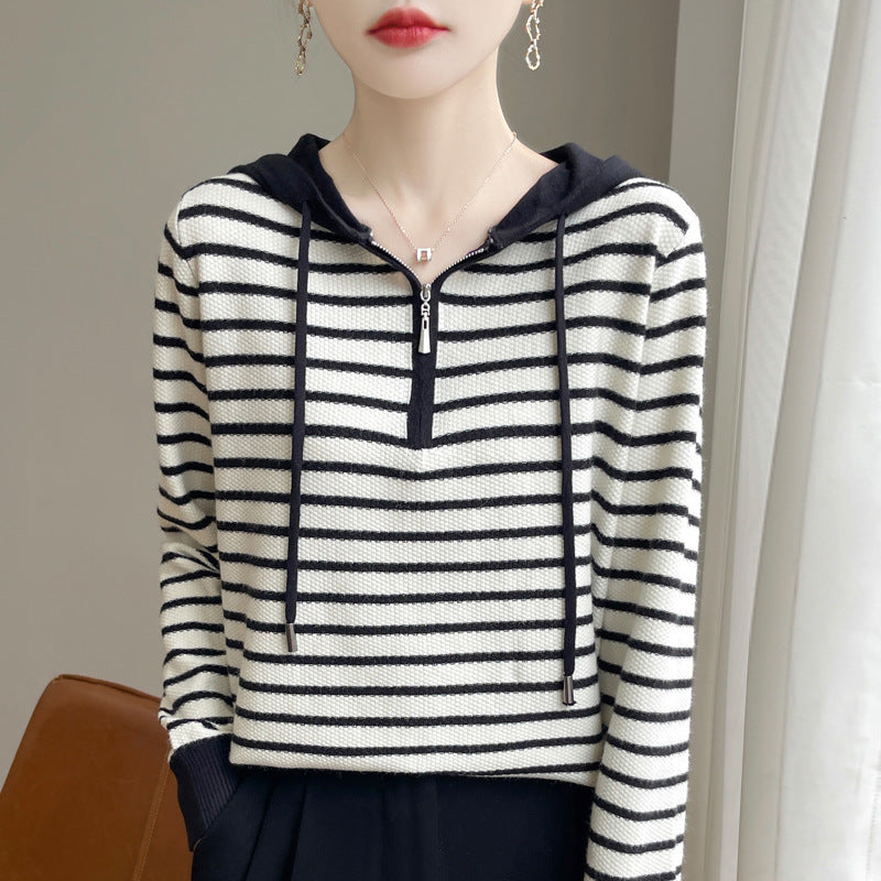 Women's Striped Hooded Long-sleeved Knitted Sweater
