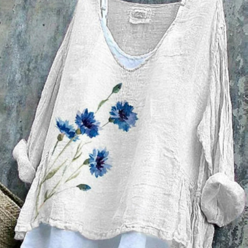 Women's White Flower Pattern Print Cotton And Linen Shirt