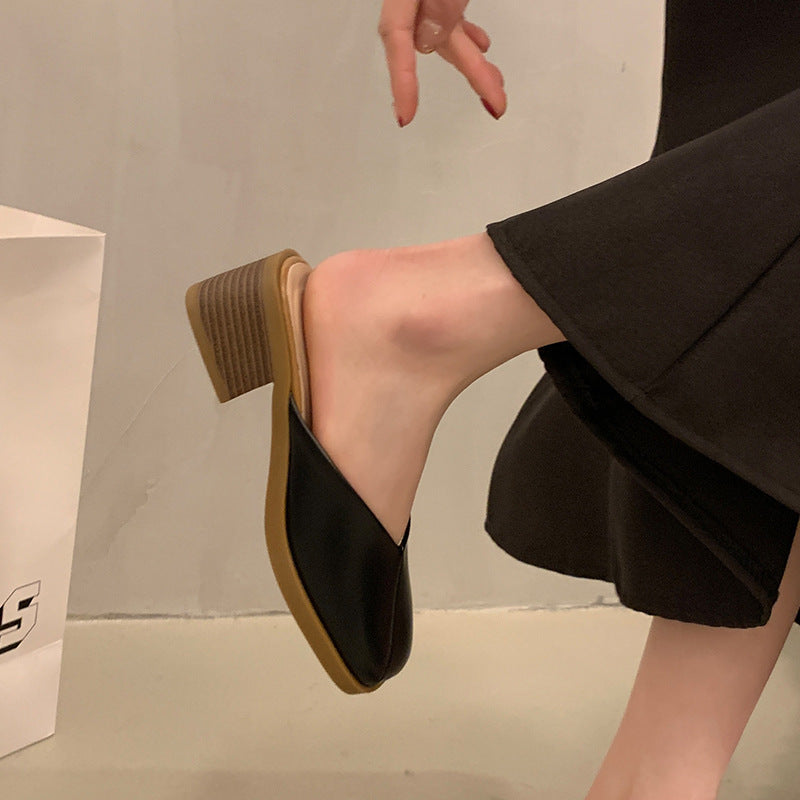 Square Toe Casual Mid Heel Half Outdoor Slippers