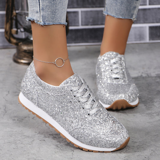 Beautiful Sequin Lace-up Flat Casual Sports Single-layer Shoes Women