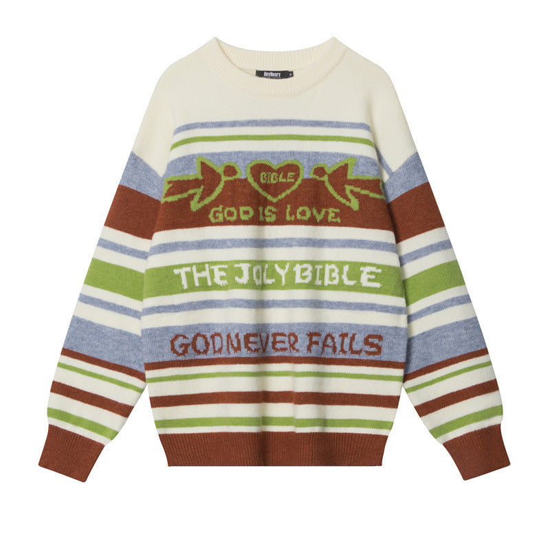 Striped Round Neck Sweater Men's Loose Long Sleeve