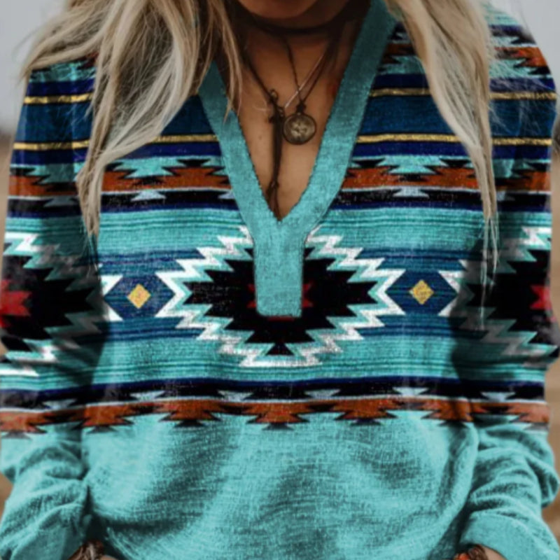 Women's Vintage Aztec Print V-neck Long Sleeve Casual Cotton Shirt