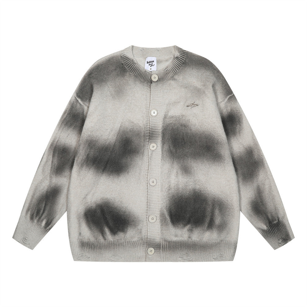 Tie-dyed Distressed Cardigan Sweater For Men