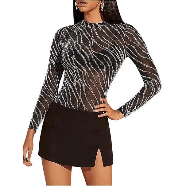 Women's Glossy Transparent Knit Long-sleeve Crew-neck Top
