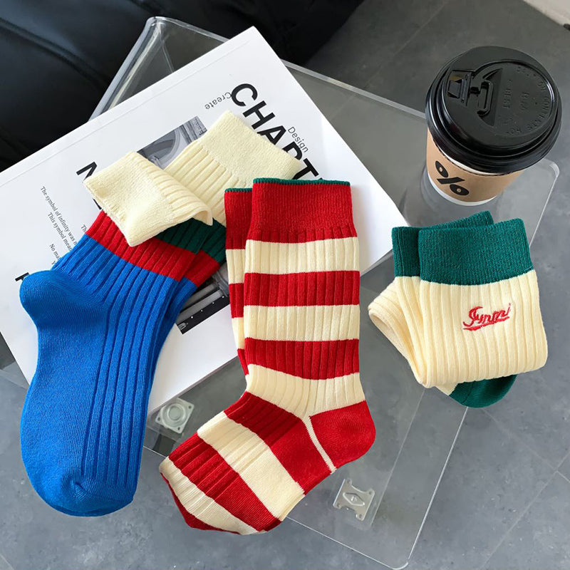 Socks Women's Red, Blue And Green Three-color Striped Trendy