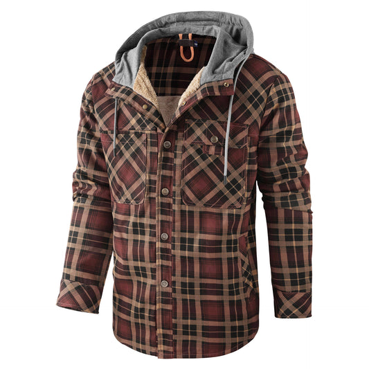Men's Long-sleeved Fleece-lined Hooded Plaid Shirt Autumn Winter Coat Cotton-padded Jacket