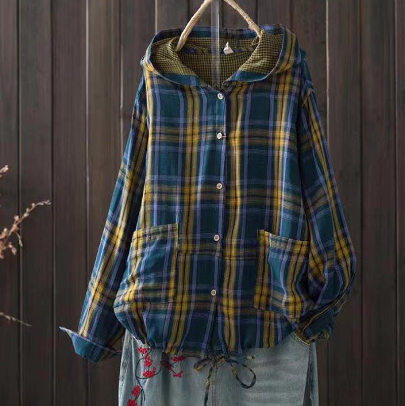 New Korean-style Oversized Artistic Retro Casual Plaid Cotton-linen Double-layer Shirt With A Hood