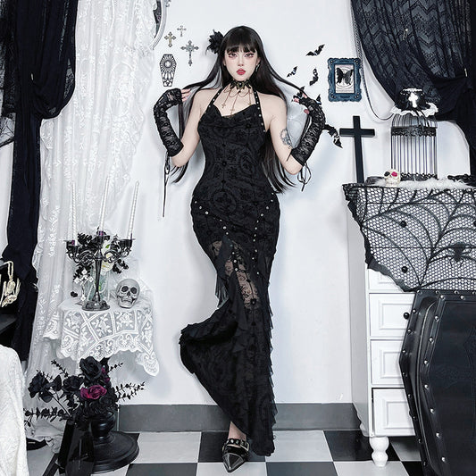 Dark Gothic Flocked Off-Shoulder Slip Maxi Sexy Bodycon Slip Dress