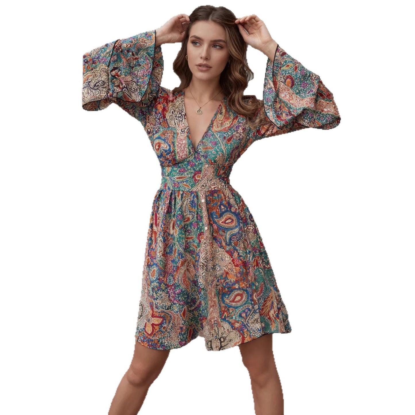 New Bohemian-style Fashion Casual Printed V-neck Womens Dress