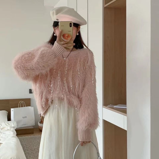 Sweet Style Mink Fur Pullover Highlight Strip Sweater For Women