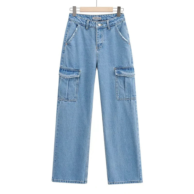 Vaskede Blå Bukser med Lommer Høj Talje Brede Ben Jeans Kvinder Casual Jeans