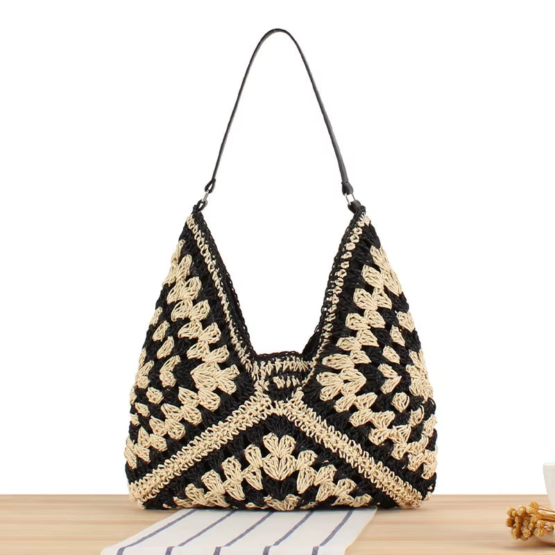 Bohemian Braided Summer Tote Bag - Woven Straw Beach Handbag with Raffia Rattan for Casual Shopping and Travel