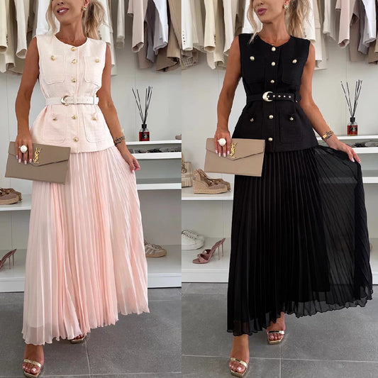 Sleeveless Chanel-style Vest Paired With A Mesh Pleated Skirt Two-piece Set