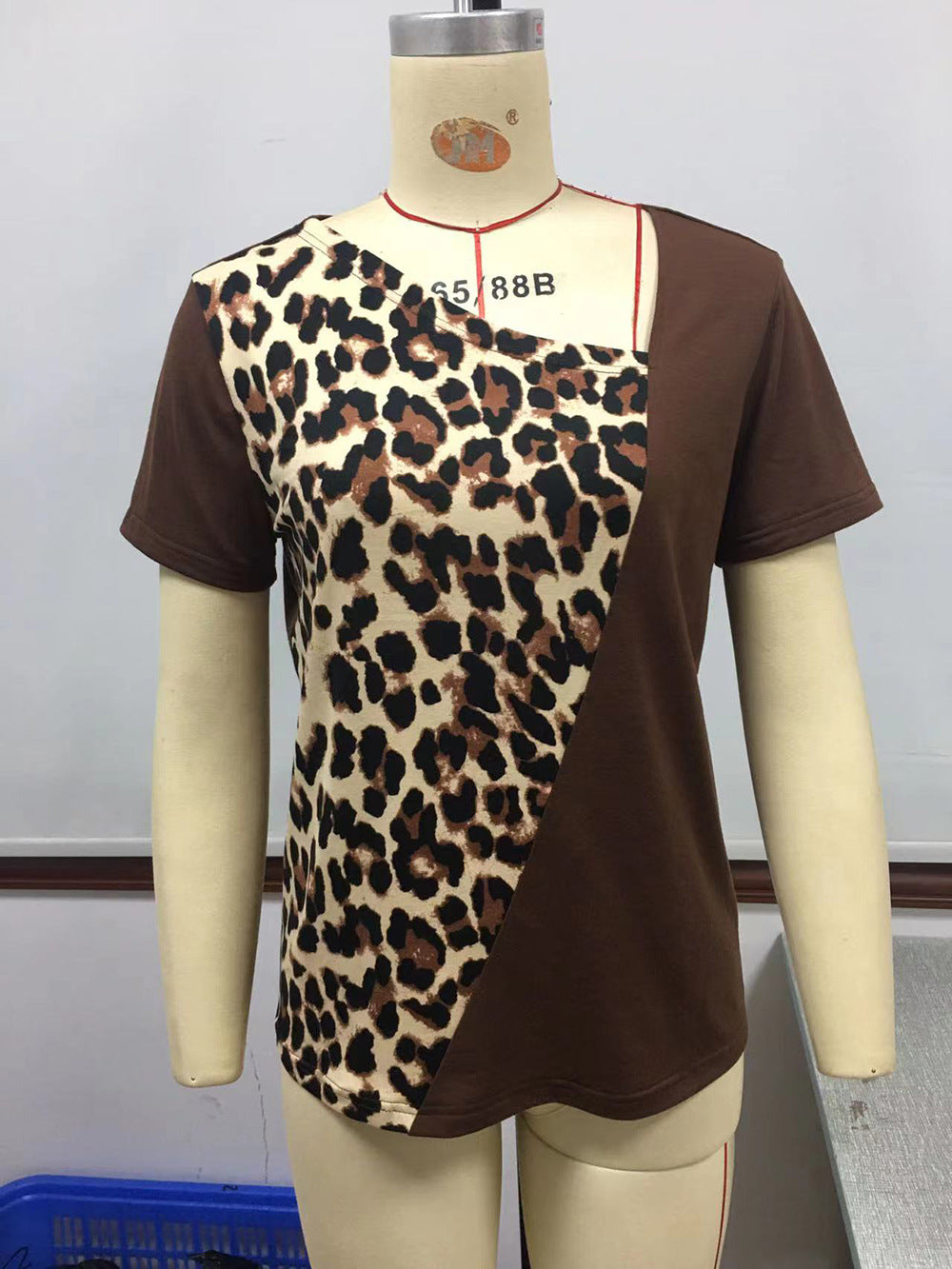 Loose Leopard Patchwork Knit With Irregular Neckline