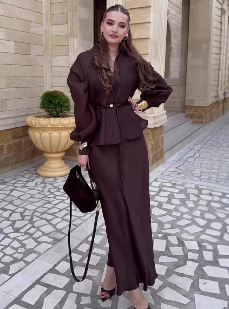 V-Neck Cardigan & High-Waist Skirt 2-Piece Set