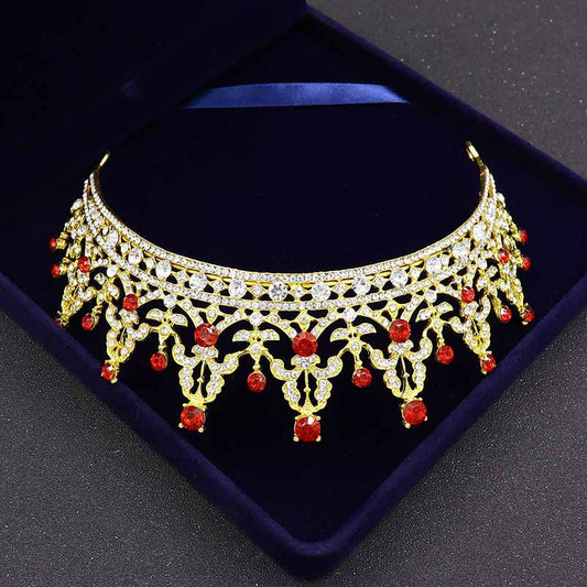 European Baroque Alloy Diamond Gold Crystal Crown Hair Ornament