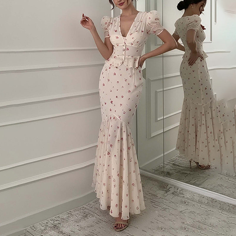 Women's Fashionable Casual Printed Short-Sleeve Long Dress Set