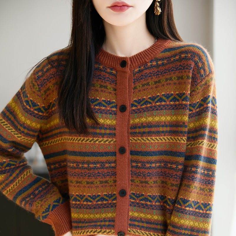Womens Retro Jacquard Crew-Neck Long-Sleeve Sweater