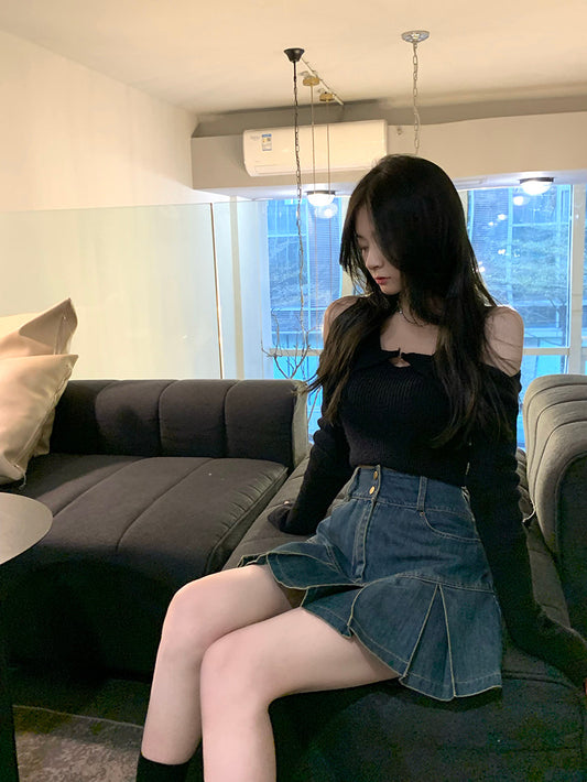Denim Skirt Pear-shaped High Waist Slimming Sense Of Design Pleated A- Line Sheath Little Short Dress