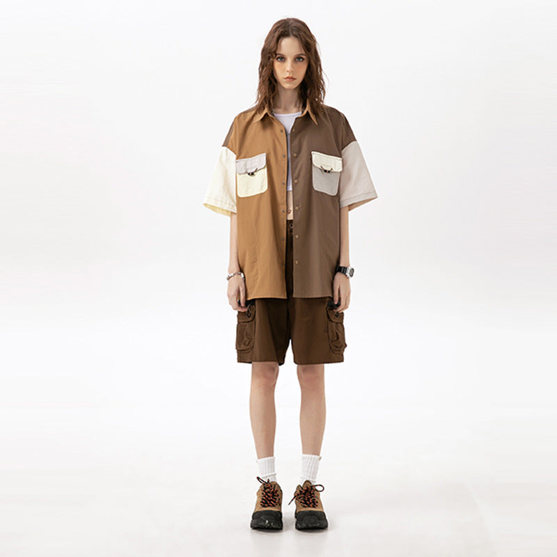 Tooling New Color-blocking Men's And Women's Same Style Over Loose Shirt