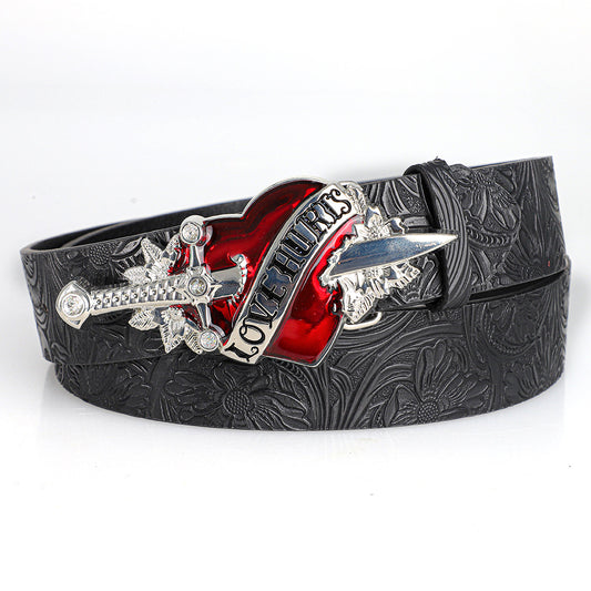 Punk-style Personalized Retro Embossed Heart-buckle A Versatile Edgy Goth Dark Leather Belt
