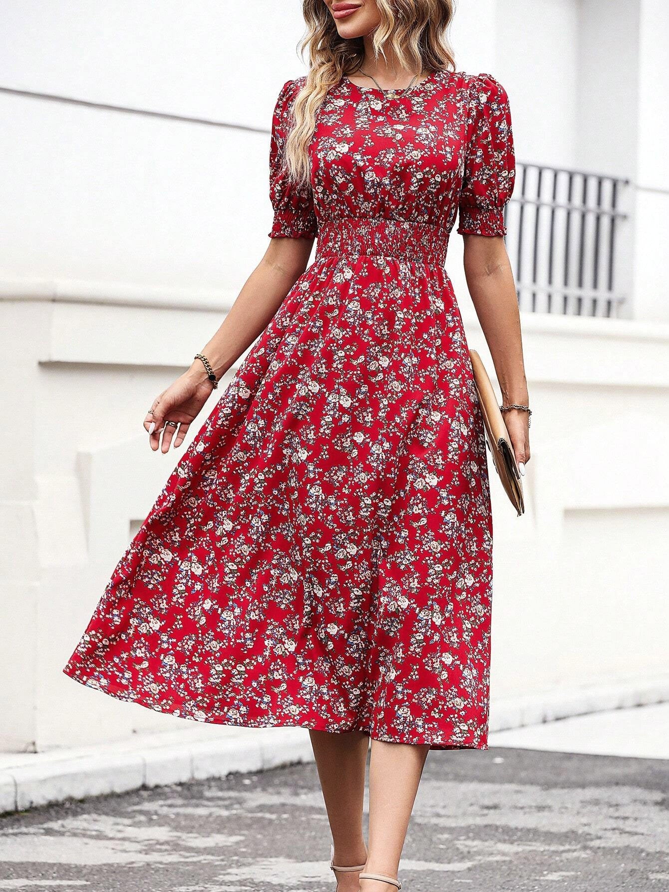 Round Floral Pattern High Waist Slim Long Dress