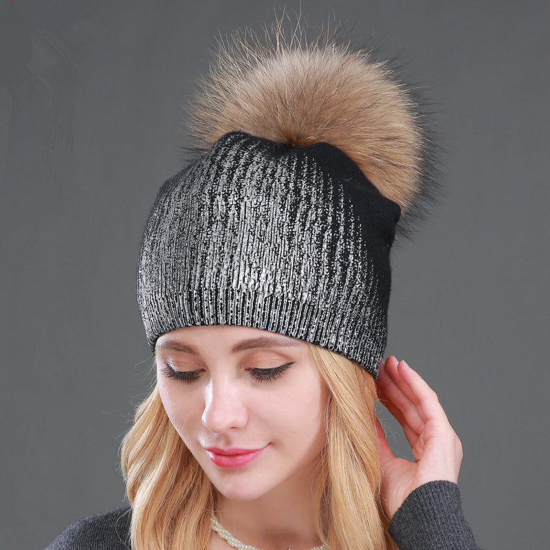 Warm Wool Knitted Hat Women's Hot Gold And Silver Color Women