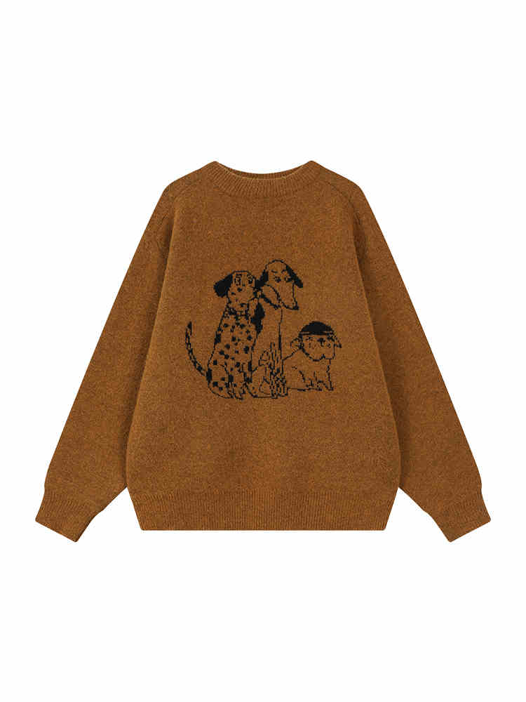 Cartoon Printed Round Neck Long Sleeve Knitted Sweater For Women