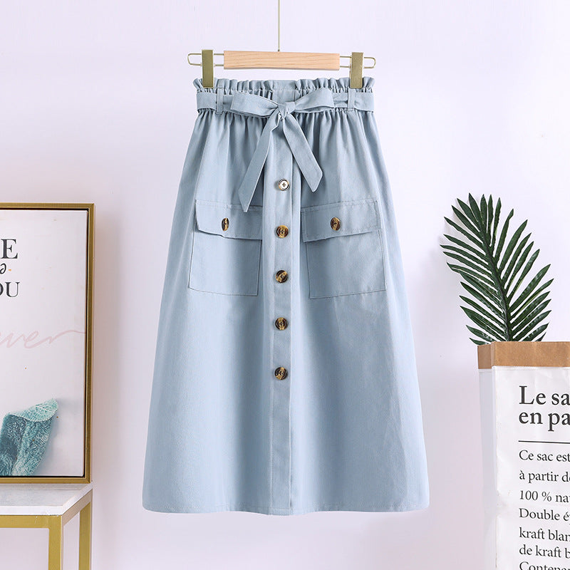 Summer New Artistic Solid Color Buttons Mid-length Skirt Mori Girl Elastic Waist Cotton And Linen A- Line Skirt