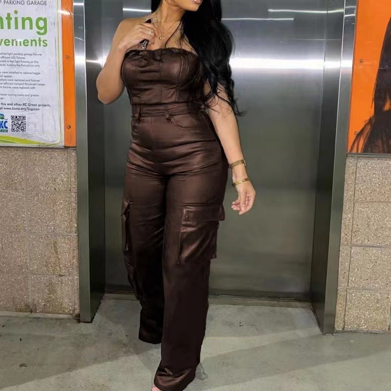 Off-the-shoulder tube top tætsiddende PU-læder jumpsuit med snøredetalje