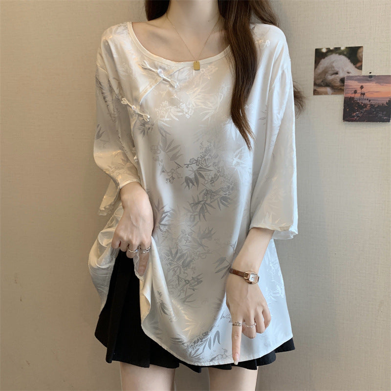 Women's Vintage Jacquard Blouse With Chinese-style Button Closure, New Chinese-style Top