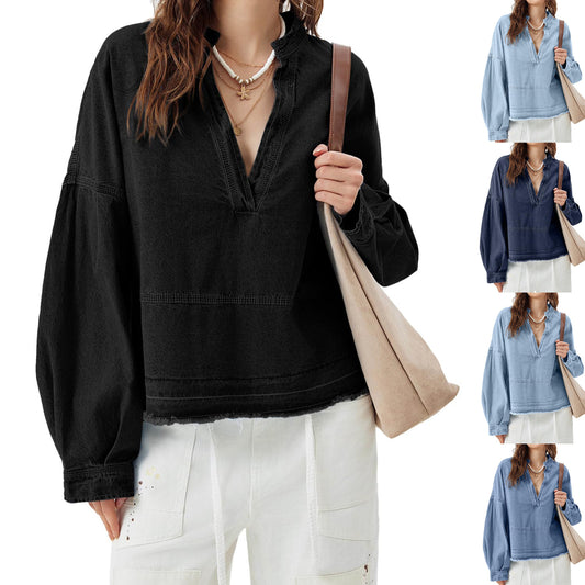 Ny V-hals Langærmet Løs Syet Denim Langærmet Løs Alsidig Top