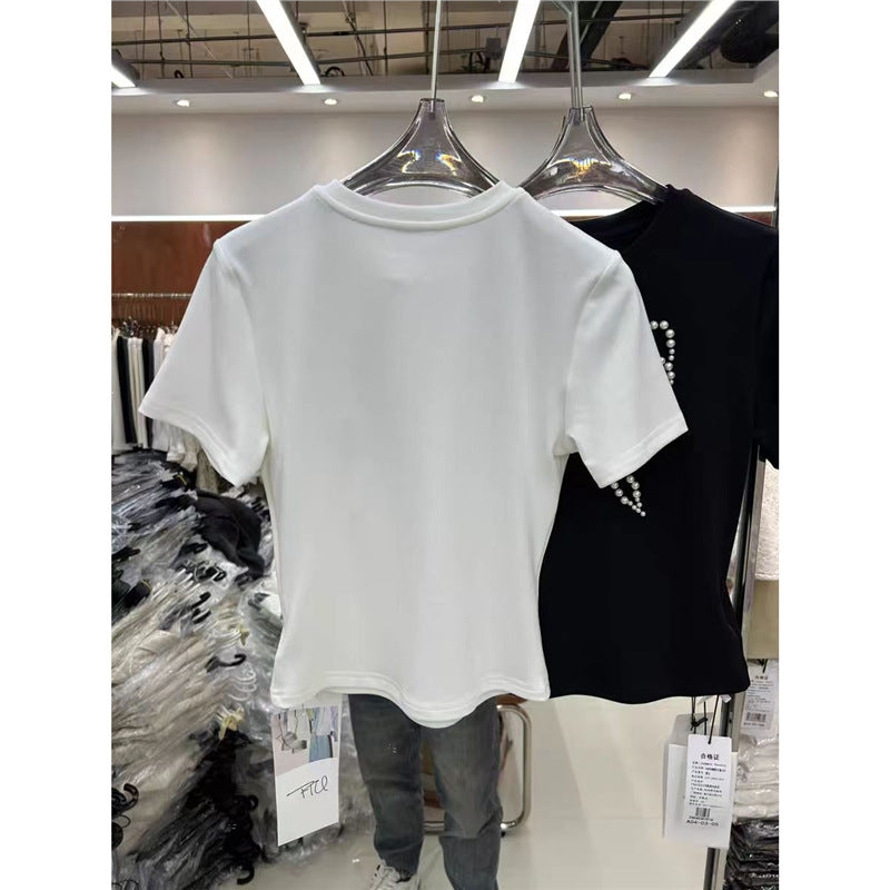 New Beaded Pearl Bow Short-sleeve Top