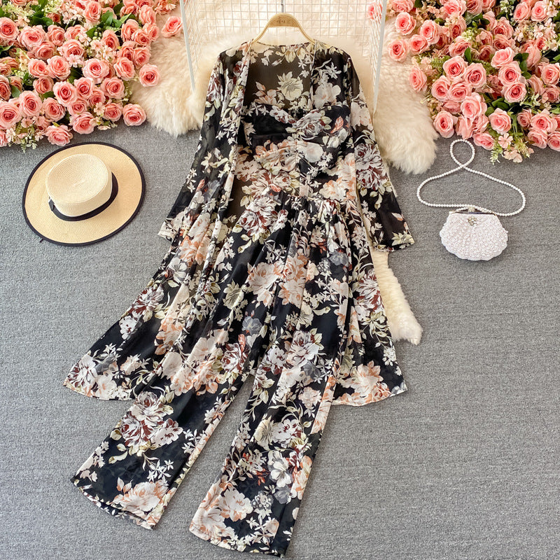 Mid-length Floral Chiffon Cardigan Three-piece Set Tube Top Short Type