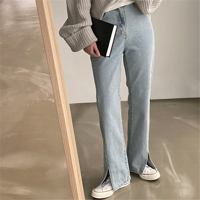Korean Version Of Ins Fashion High-waisted Slits Were Thin And High-covered Bi-prepared Spring Jeans Women
