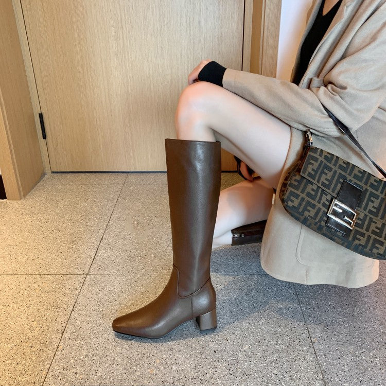 Block Heel Square Toe Side Zipper Boots Cowhide Mid-heel