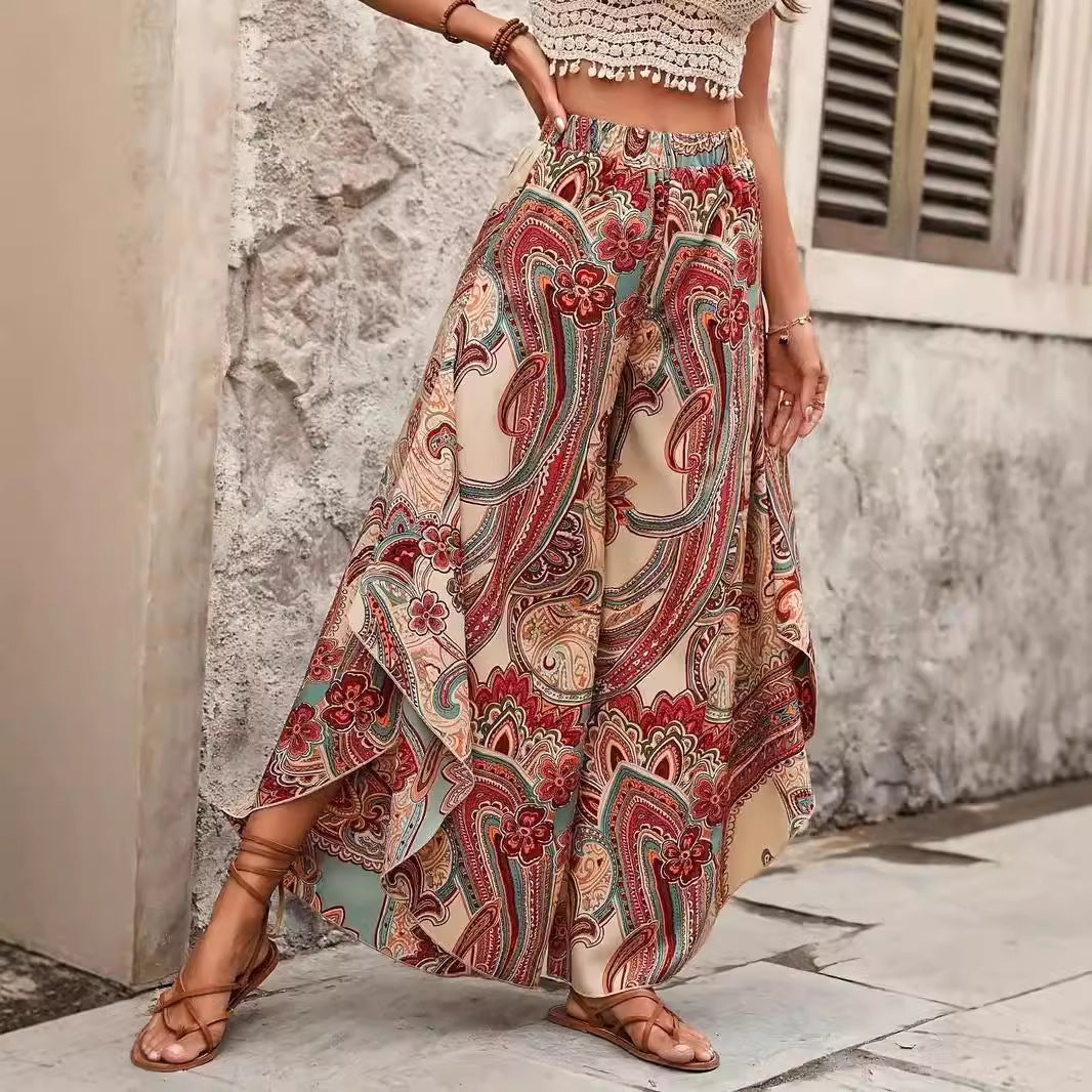 Elegant High Waist Casual Bohemian Vacation Style Wide Leg Pants