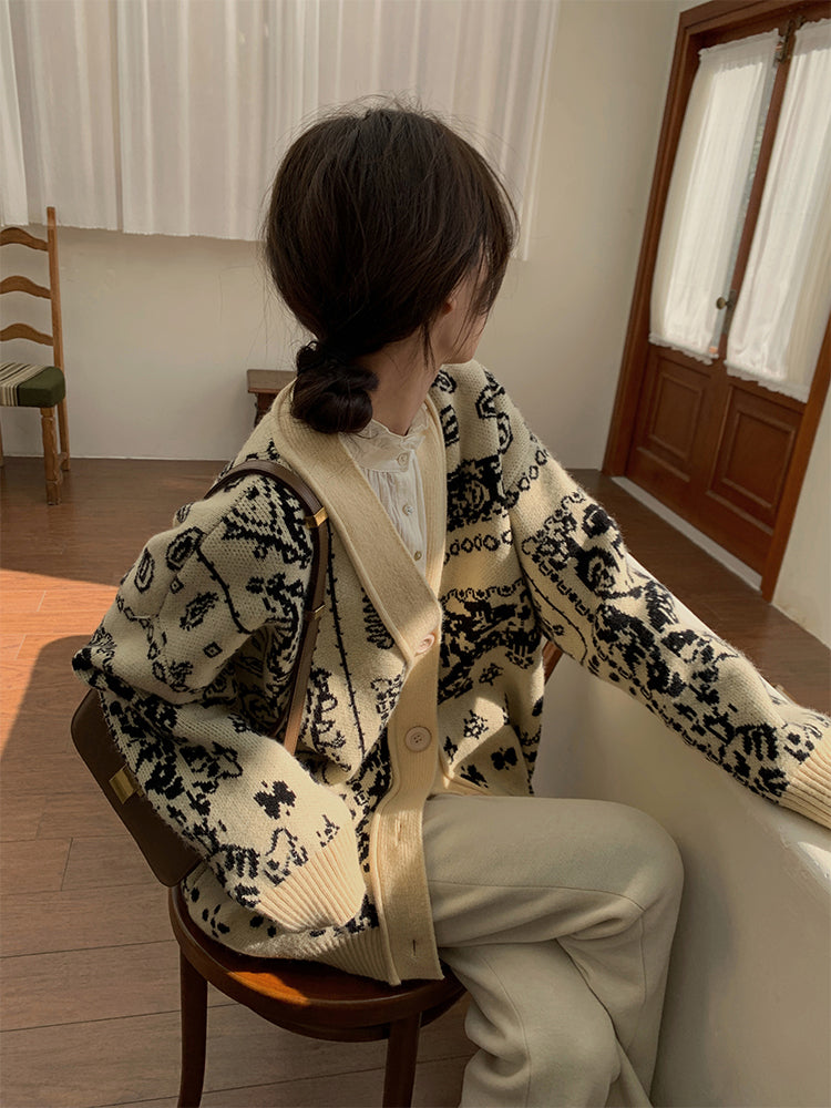 Vintage Heavy Industry Contrast Jacquard Knit Cardigan Jacket