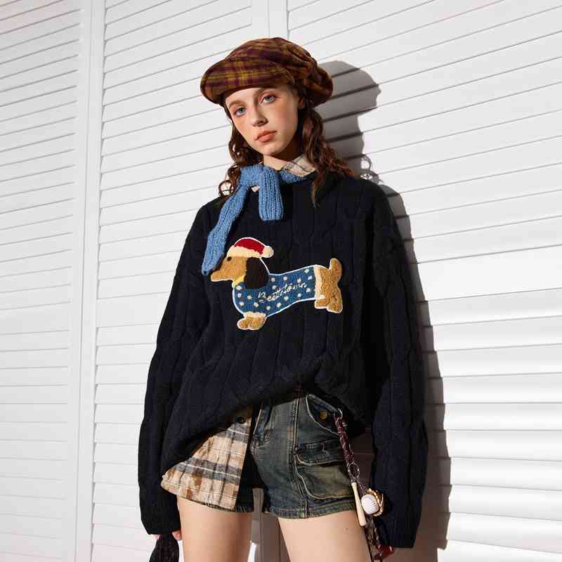 Sausage Puppy Embroidered Round Neck Sweater Women's Loose Sweater