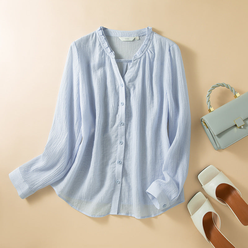 Womens Long Sleeve V Neck Loose Fit Button Up Shirt