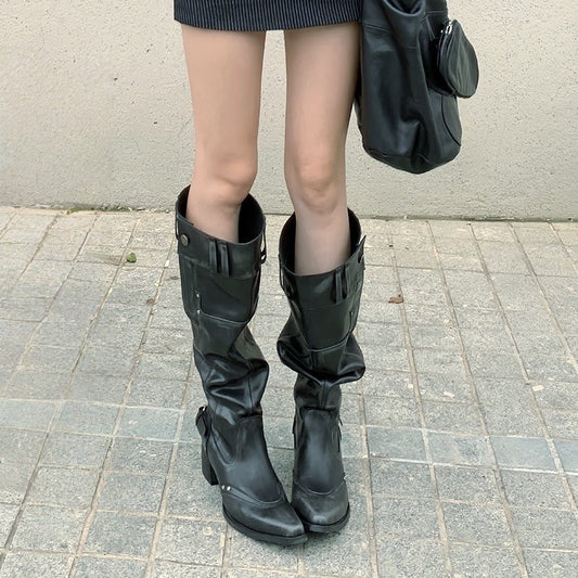 Pointed Toe Chunky Heel Slimming Pile Style Boots