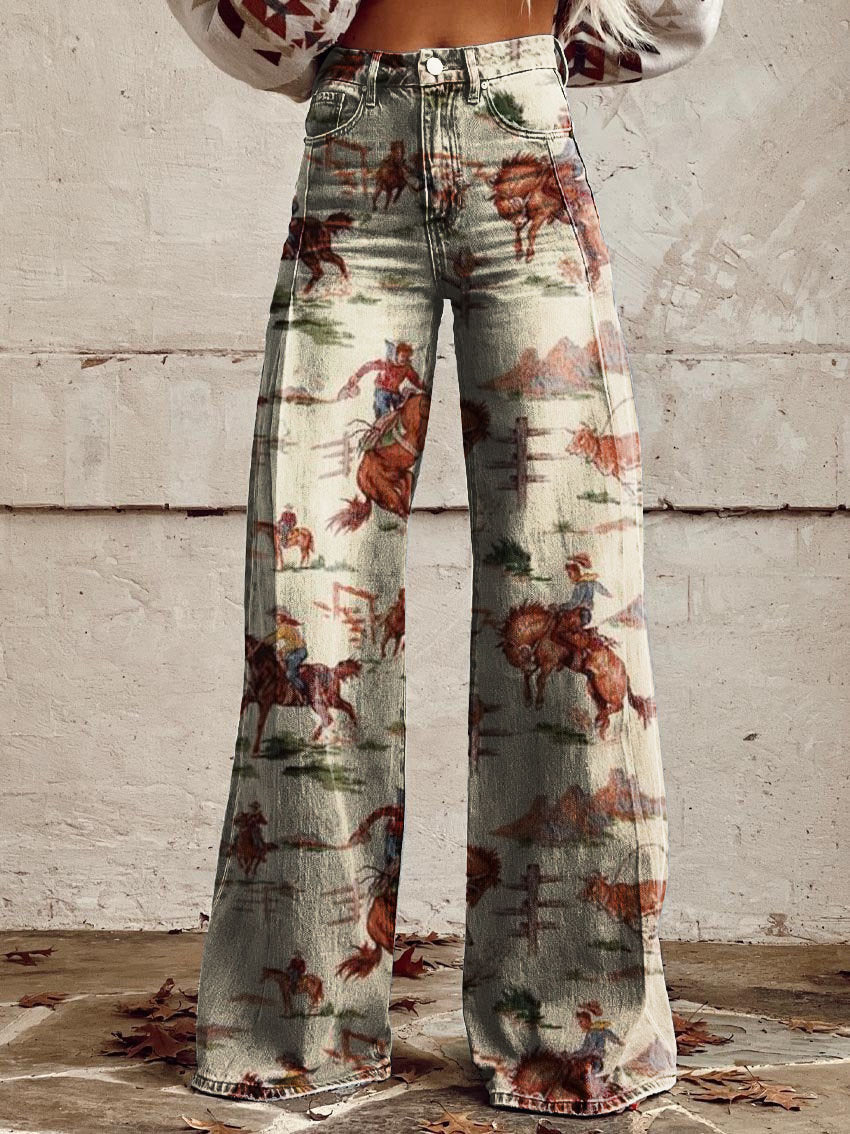 Lightweight Faux Denim Pants With Wide Legs And 3D Print