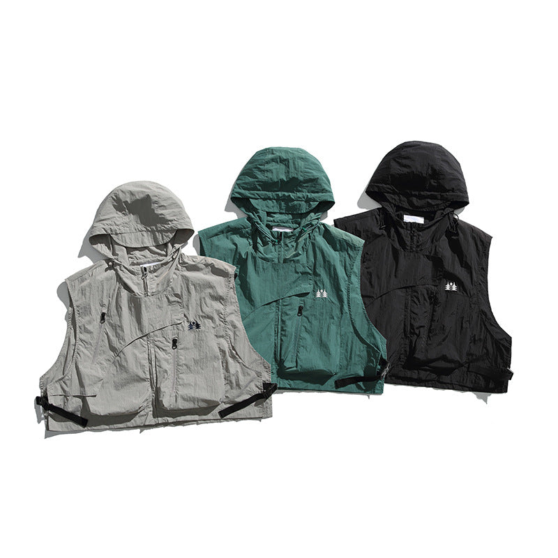 College Style Loose Hooded Windproof Fishing Vest Jacket